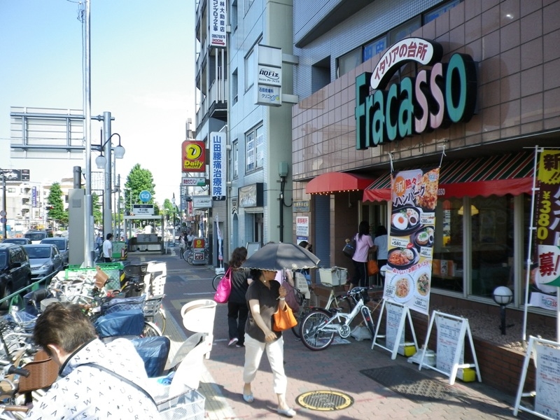 駅前には飲食店やコンビニ、スーパーなどがまとまっている。この要町通りを行けば自転車9分で池袋